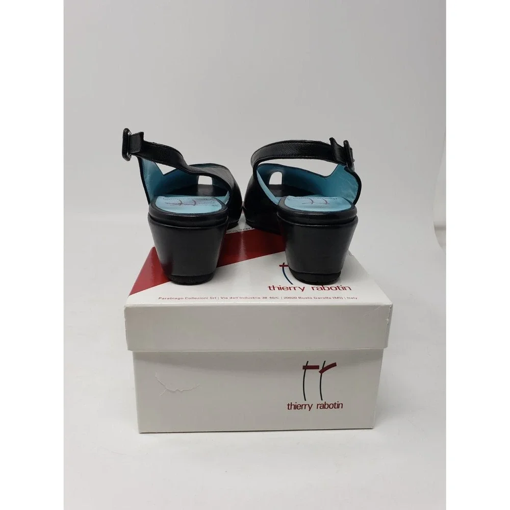 US 7.5 Thierry Rabotin Black Leather Peep Toe Wedge Slingback Sandals Womens EU